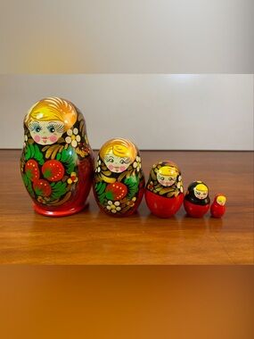 Vintage Russian Nesting Doll 5 Piece Set 3.5” Size Strawberry Girl Design
